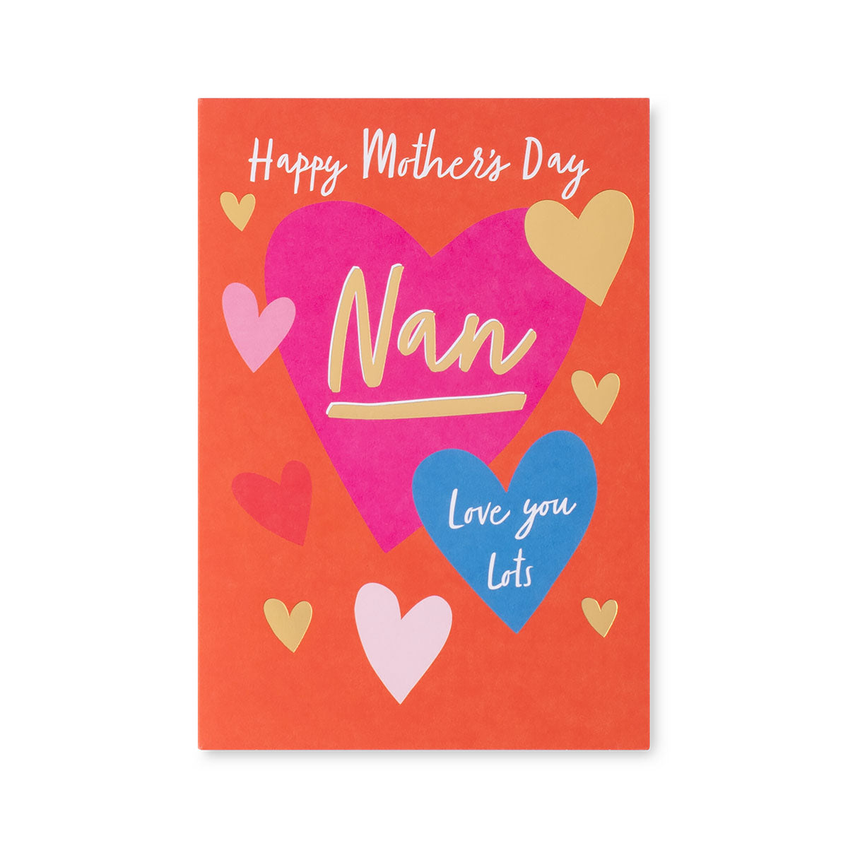 Hallmark Mother's Day Card - Nan Pink Heart on bright red background with gold foiled details and colourful heart designs in a flat lay presentation.