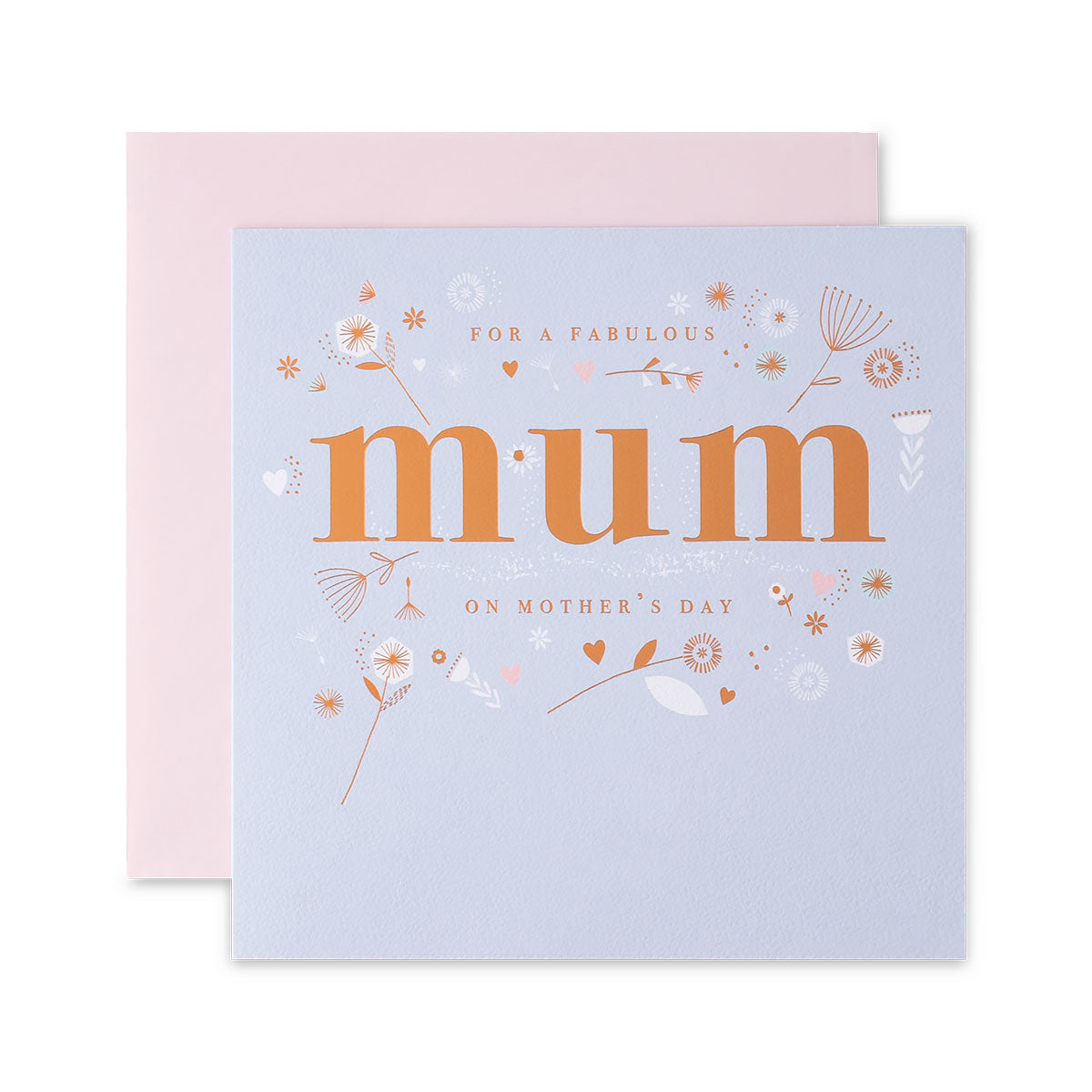 Hallmark Mother's Day Card - Floral with copper foiled text, featuring floral elements and baby pink envelope in flat lay view.