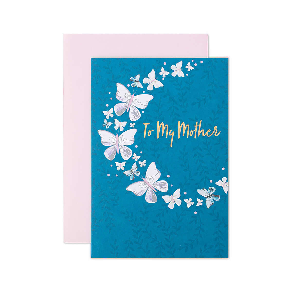 Hallmark Mother's Day Card - To My Mother, elegant card with butterfly wreath and gold foil lettering, flat lay with rose pink envelope.