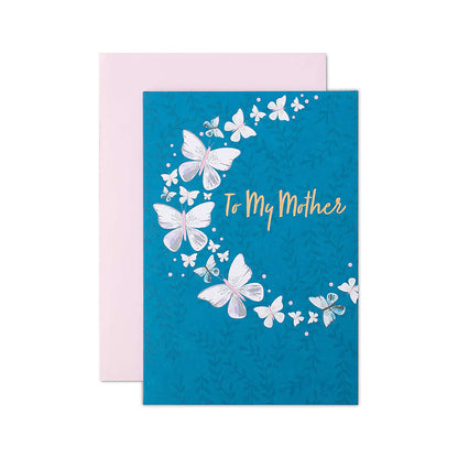 Hallmark Mother's Day Card - To My Mother, elegant card with butterfly wreath and gold foil lettering, flat lay with rose pink envelope.