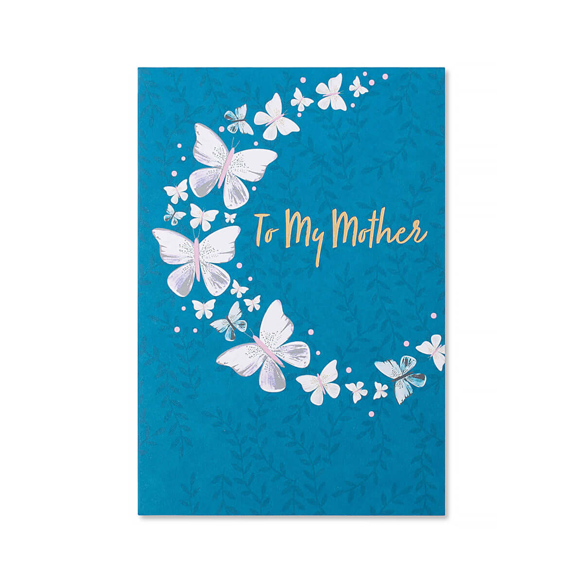 Hallmark Mother's Day Card - To My Mother featuring a butterfly wreath design on a blue background, gold foil lettering.