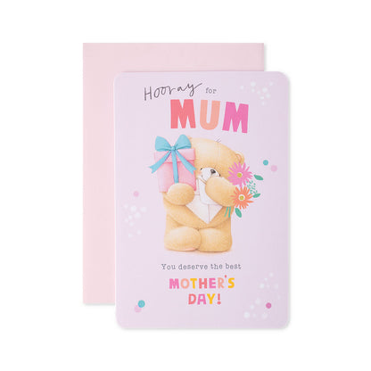 Hallmark Mother's Day Card - Forever Friends with a bear holding flowers and a gift, featuring a pastel pink envelope and cheerful design.