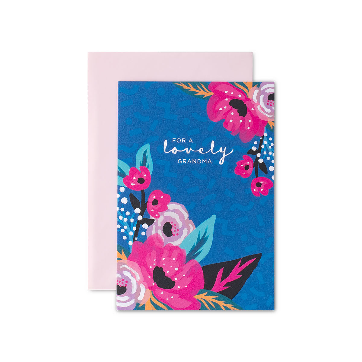 Hallmark Mother's Day Card - Lovely Grandma Floral featuring bright blue background with pink flowers and message on front, includes baby pink envelope.