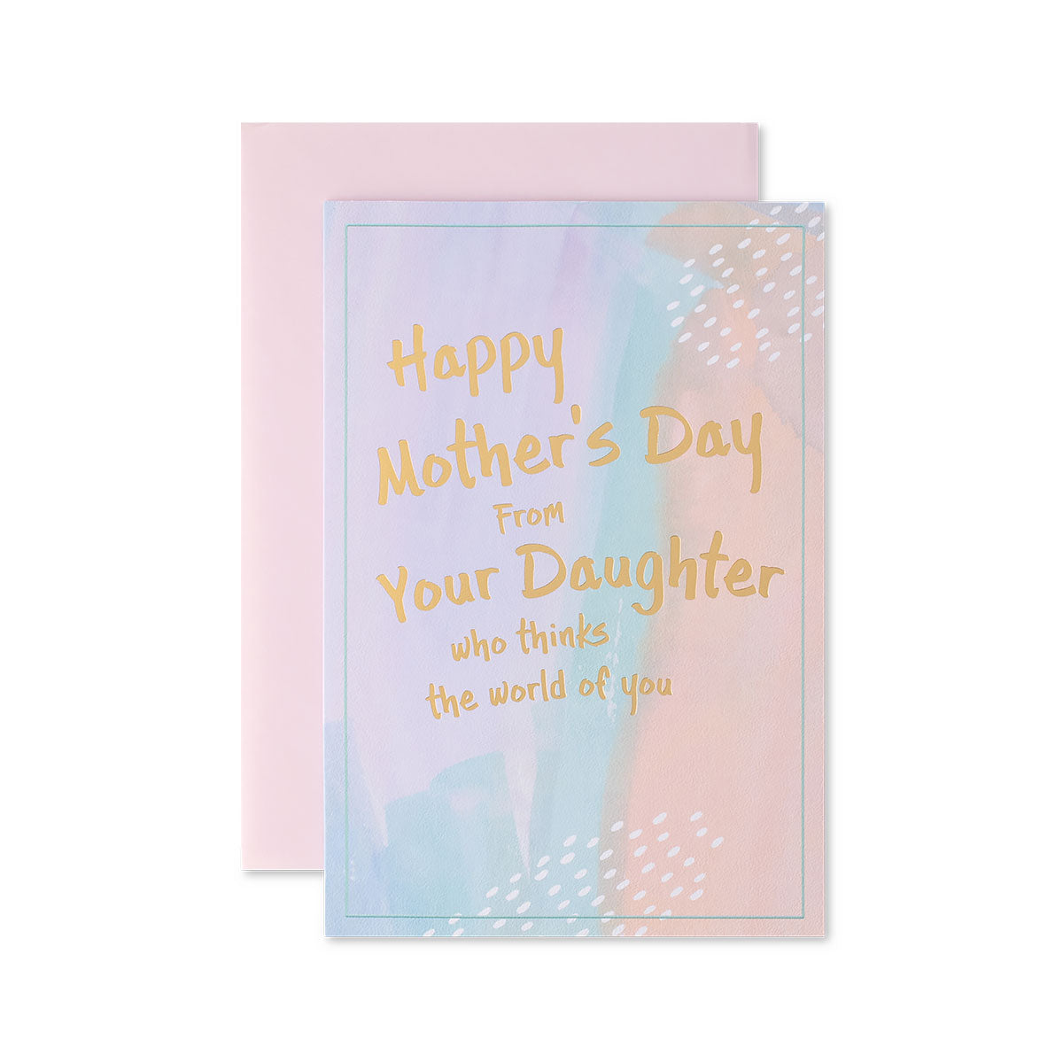 Hallmark Mother's Day Card - Watercolour From Your Daughter features gold foil text on a pastel watercolour background, with a pink envelope.