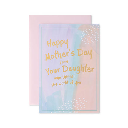 Hallmark Mother's Day Card - Watercolour From Your Daughter features gold foil text on a pastel watercolour background, with a pink envelope.