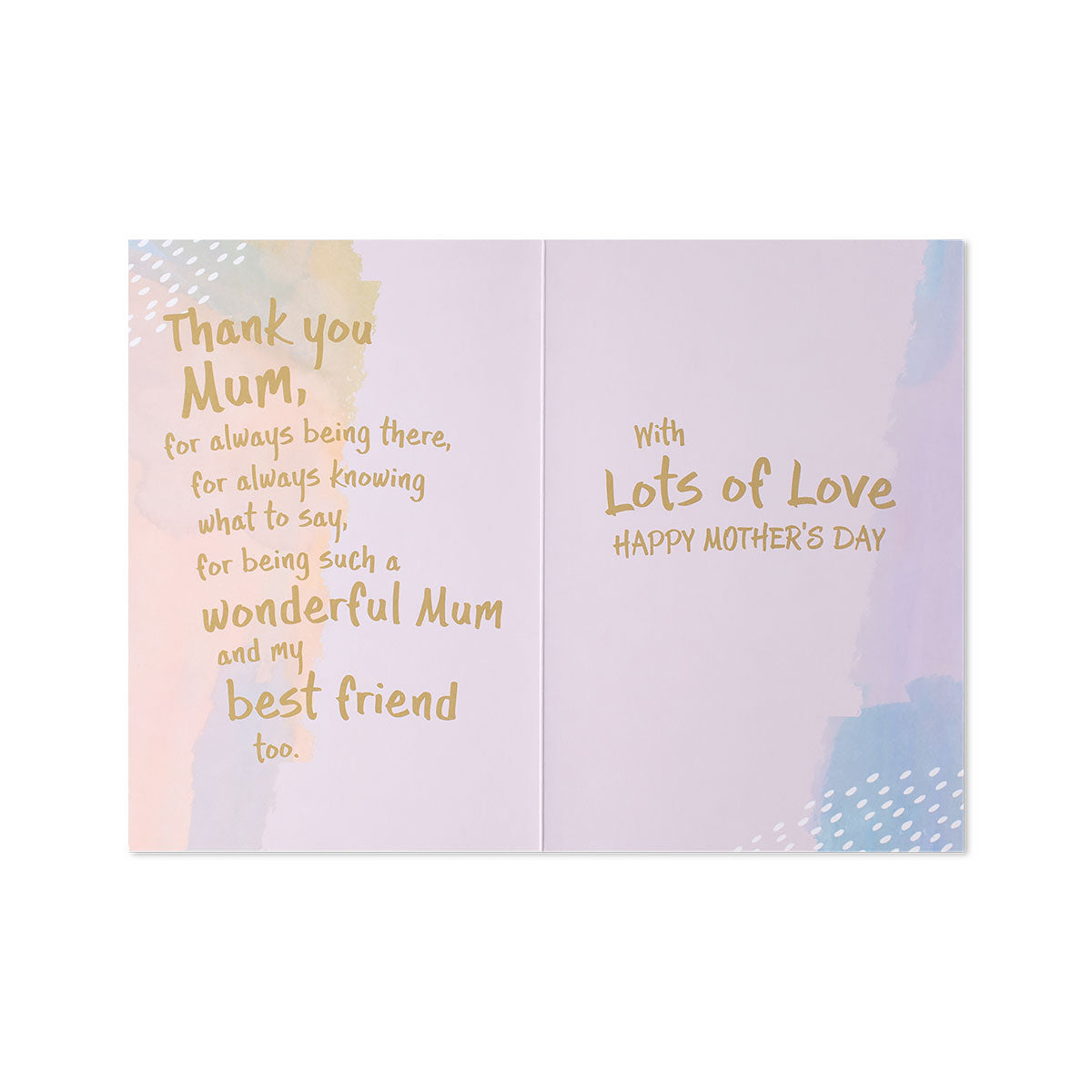 Hallmark Mother's Day Card - Watercolour From Your Daughter, inside view featuring gold foil text on a pastel watercolour backdrop.