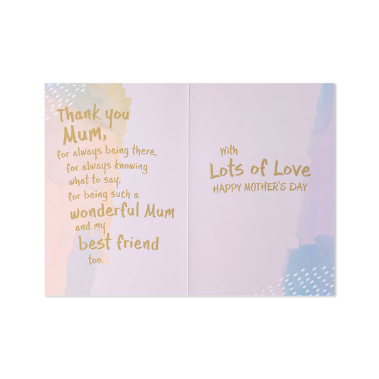 Hallmark Mother's Day Card - Watercolour From Your Daughter, inside view featuring gold foil text on a pastel watercolour backdrop.