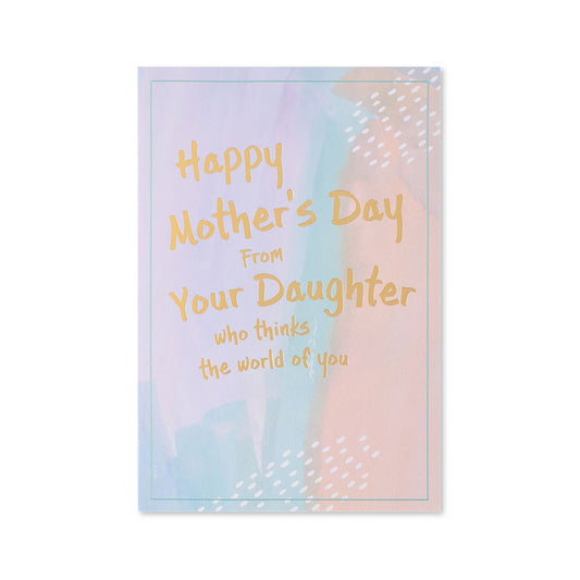 Hallmark Mother's Day Card - Watercolour From Your Daughter with pastel colours and gold foiled lettering in a flat lay view.