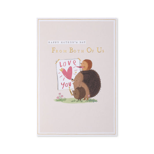 Hallmark Mother's Day Card - From Both Of Us featuring cute hedgehogs holding a love sign with pink and gold accents.