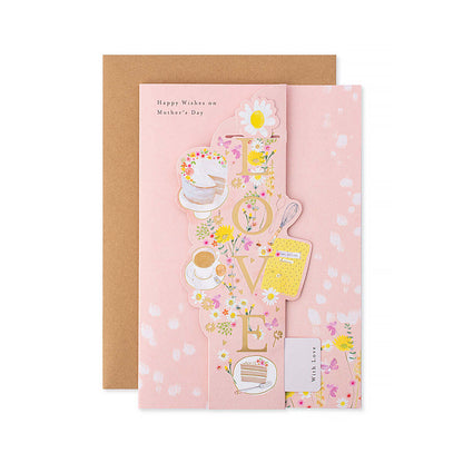 Hallmark Mother's Day Card with removeable bookmark - Happy Wishes on Mother's Day, With Love in pastel colours with tea illustration and KRAFT envelope.