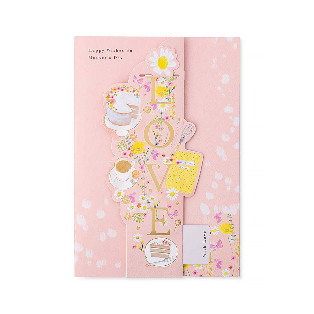 Hallmark Mother's Day Card with removeable bookmark - Happy Wishes on Mother's Day, With Love, featuring pink design and floral details, flat lay view.