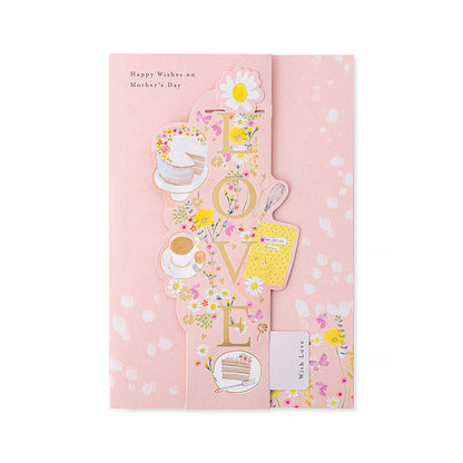 Hallmark Mother's Day Card with removeable bookmark - Happy Wishes on Mother's Day, With Love, featuring pink design and floral details, flat lay view.