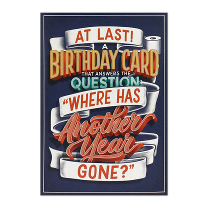 Hallmark Interactive Sound Card - Flushing Toilet, birthday card design featuring playful text on navy background, flat lay view.