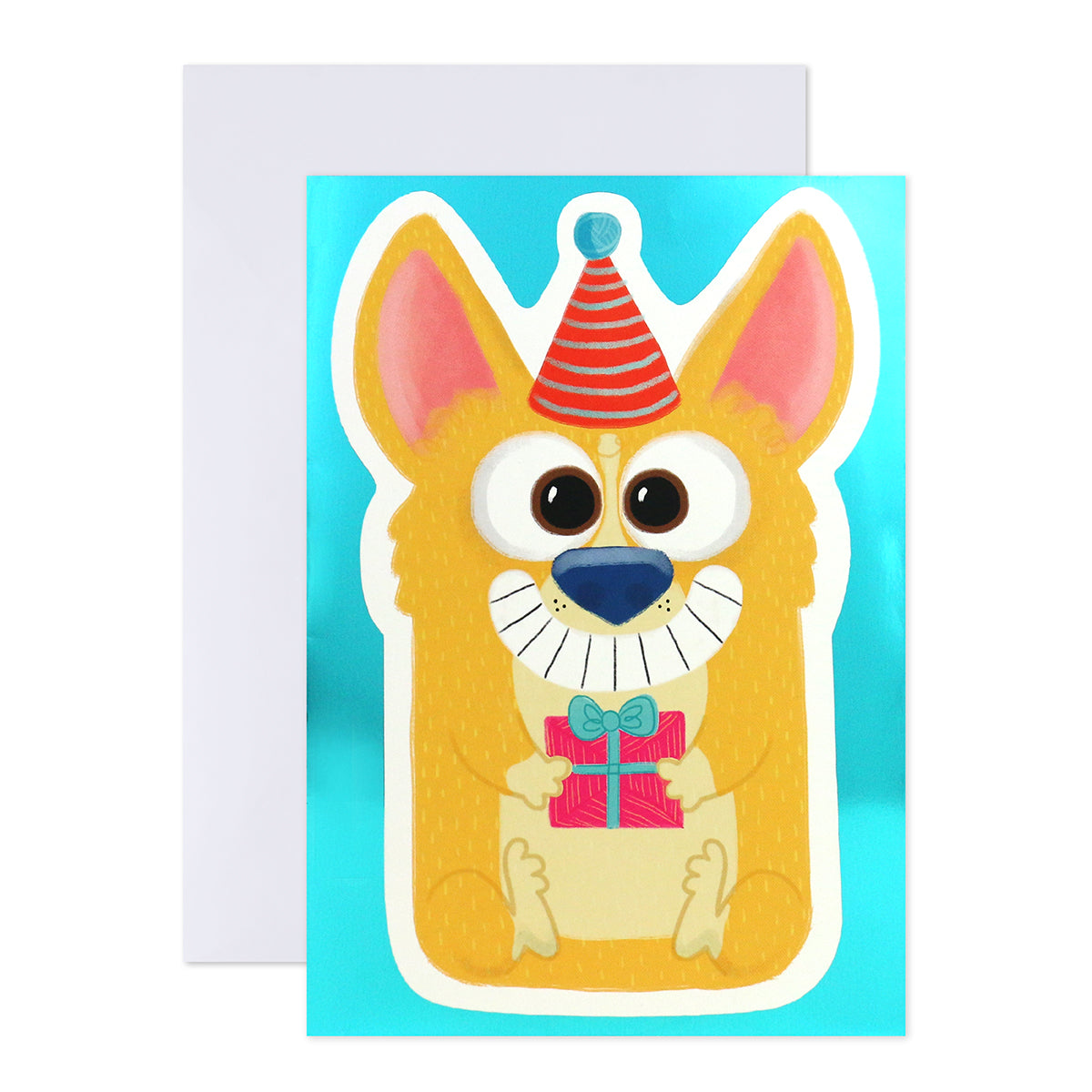 Hallmark Interactive Sound Card - Barking Birthday Song with a smiling corgi holding a gift and wearing a party hat on a shiny blue background.