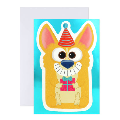 Hallmark Interactive Sound Card - Barking Birthday Song with a smiling corgi holding a gift and wearing a party hat on a shiny blue background.