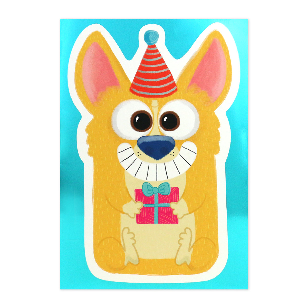 Hallmark Interactive Sound Card - Barking Birthday Song, cute corgi illustration with colourful party hat and gift, flat lay view
