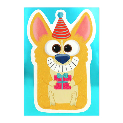 Hallmark Interactive Sound Card - Barking Birthday Song, cute corgi illustration with colourful party hat and gift, flat lay view