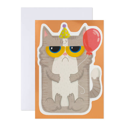 Hallmark Interactive Sound Card - Celebrating Cat featuring a grumpy cat with a party hat and balloon, flat lay design on orange background.