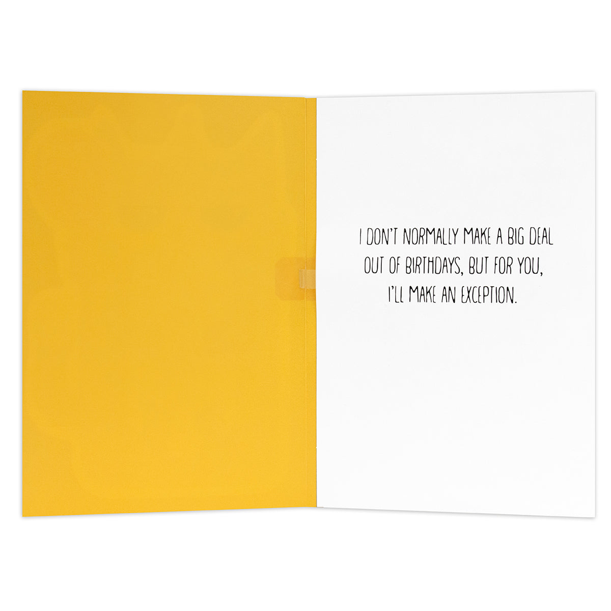 Hallmark Interactive Sound Card - Celebrating Cat, inside view, features a yellow background and birthday message in black text.