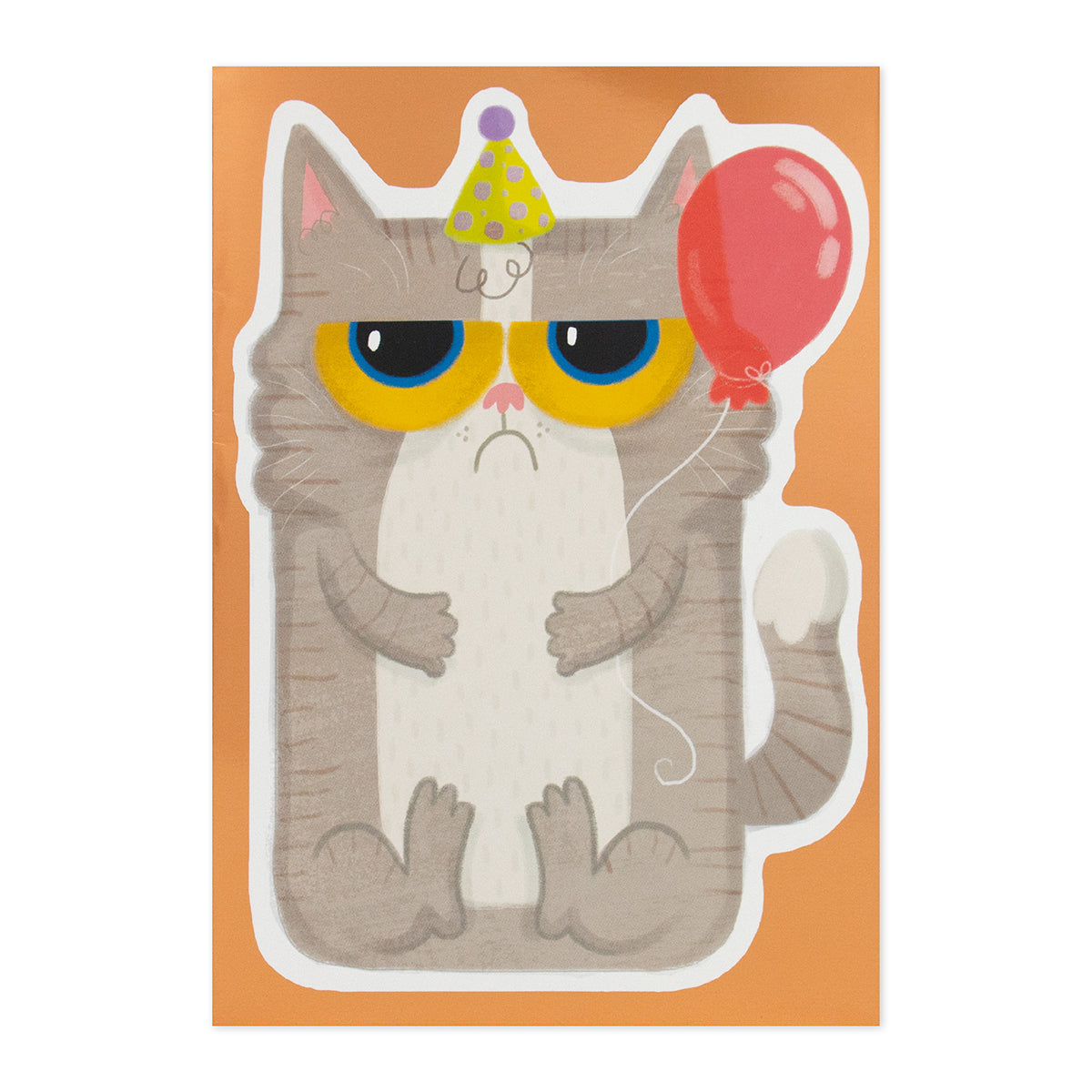 Hallmark Interactive Sound Card - Celebrating Cat with a grumpy grey cat illustration, wearing a party hat and holding a balloon on an orange background.