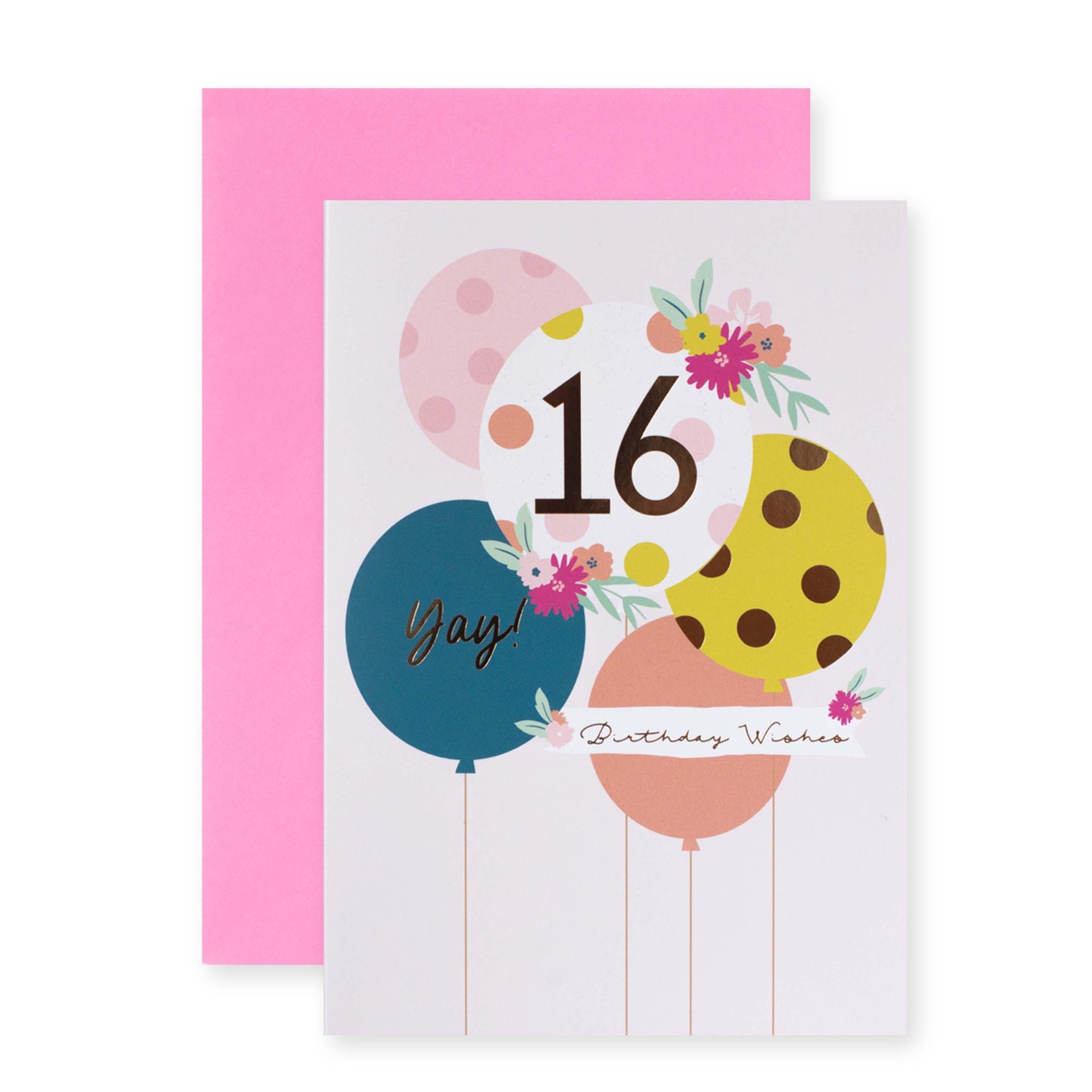 16th birthday fem greeting card featuring colourful balloons and floral design with pink envelope, flat lay view.
