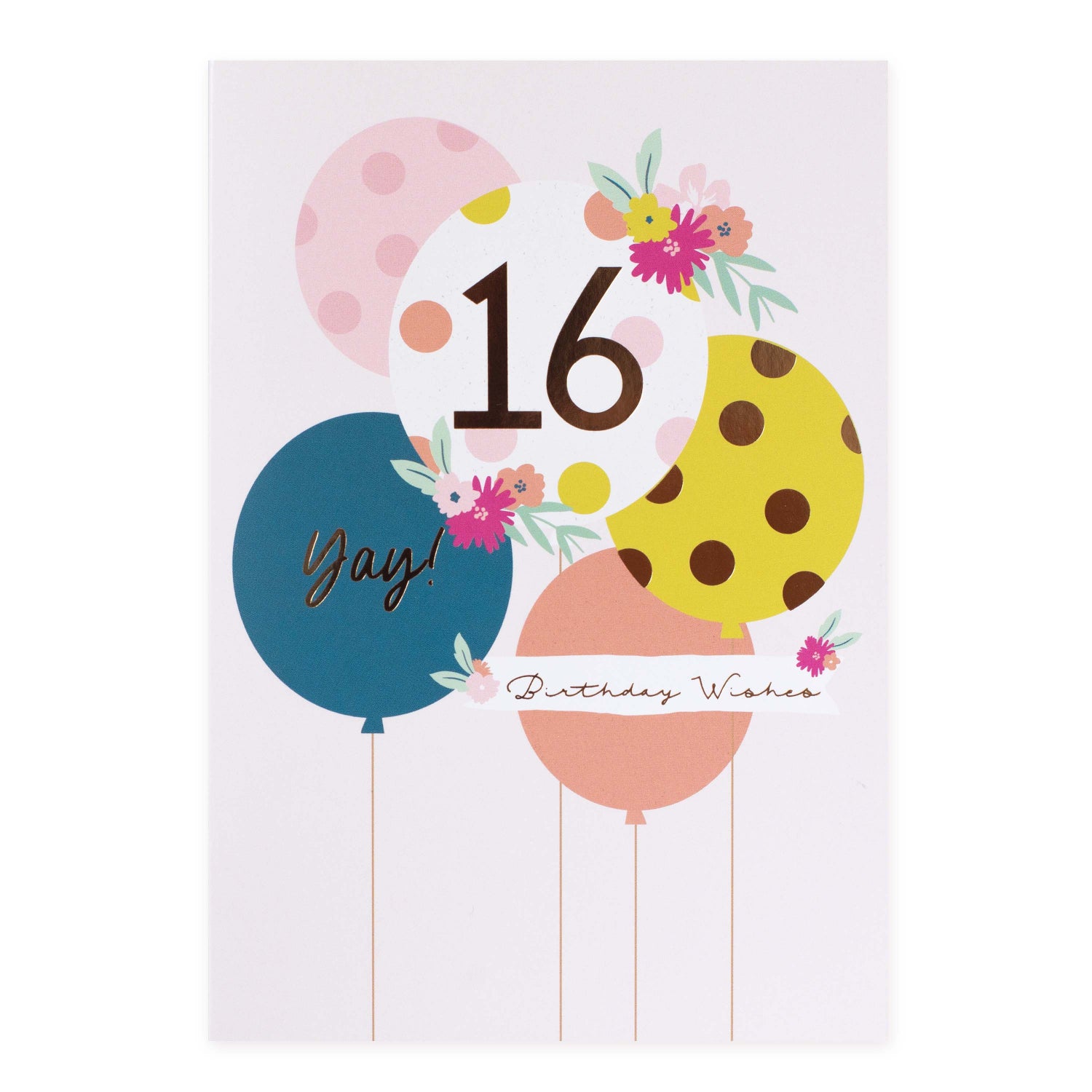 16th birthday fem greeting card featuring colourful balloons, floral accents, and playful typography in a flat lay presentation.