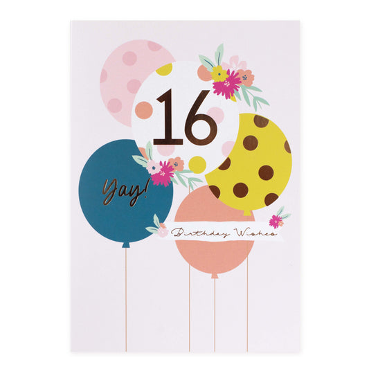 16th birthday fem greeting card featuring colourful balloons, floral accents, and playful typography in a flat lay presentation.