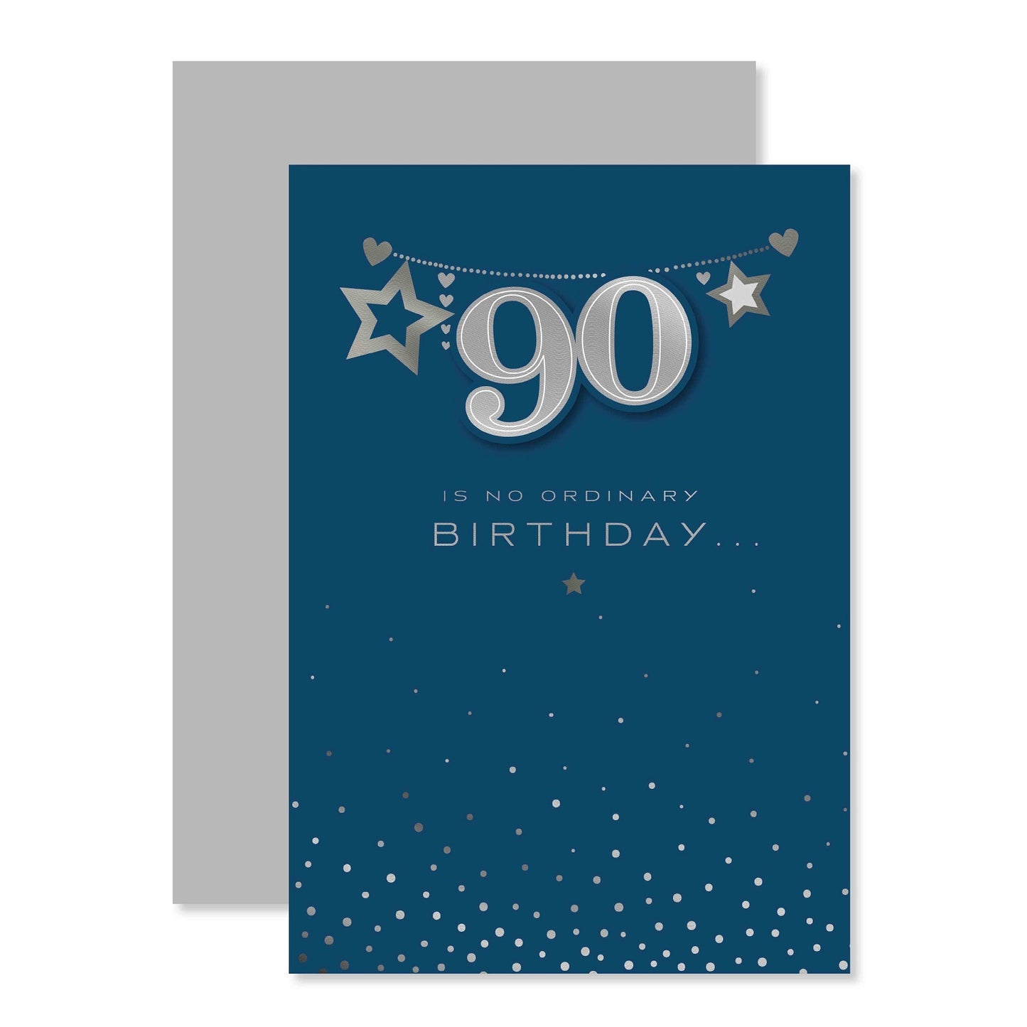 Connections from Hallmark 90th birthday card - 90 IS NO ORDINARY BIRTHDAY… with silver foil stars and textured navy background.