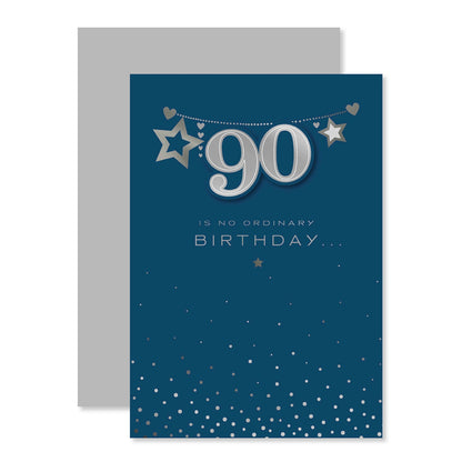 Connections from Hallmark 90th birthday card - 90 IS NO ORDINARY BIRTHDAY… with silver foil stars and textured navy background.