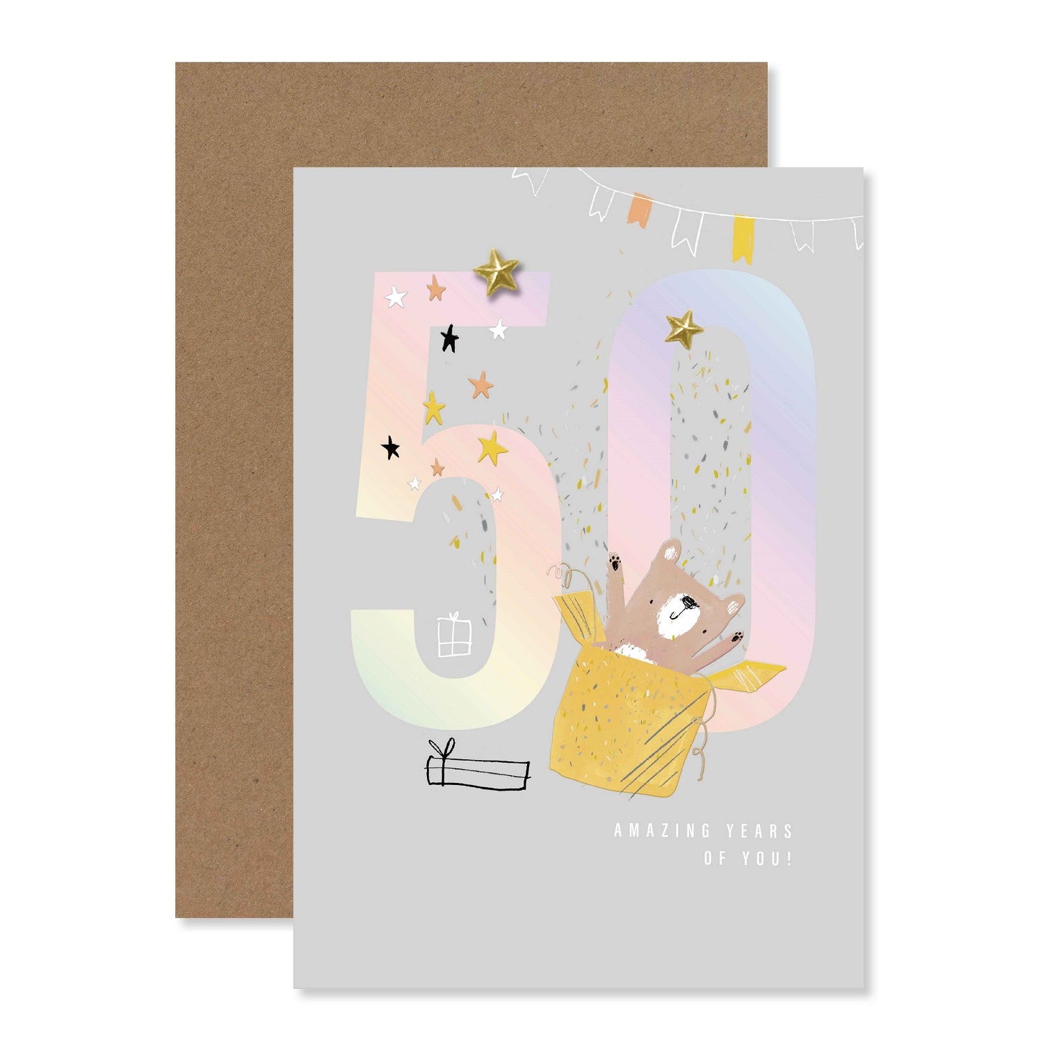 Connections from Hallmark 50th Birthday Card - 50 AMAZING YEARS OF YOU! featuring a cute bear in a yellow box, silver foil details, and pastel colours.