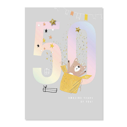 Connections from Hallmark 50th Birthday Card - 50 AMAZING YEARS OF YOU!, featuring a bear in a gift box, colourful foil stars, and a grey background.