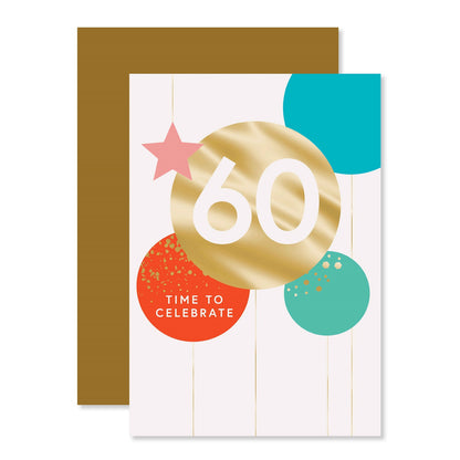 Connections from Hallmark 60th birthday card - TIME TO CELEBRATE, featuring gold foil and colourful circles, angled view.