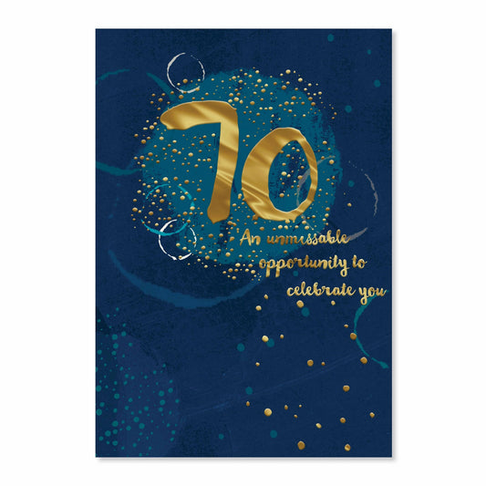 Connections from Hallmark 70th birthday card - 70 An unmissable opportunity to celebrate you, featuring gold foil accents on a navy background.