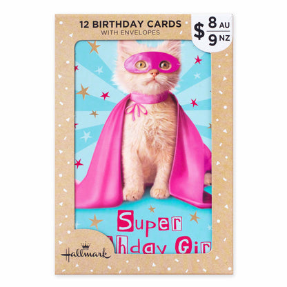 Hallmark Multipack of 12 Birthday Cards - 2 designs, Super Cat and Birthday Girl