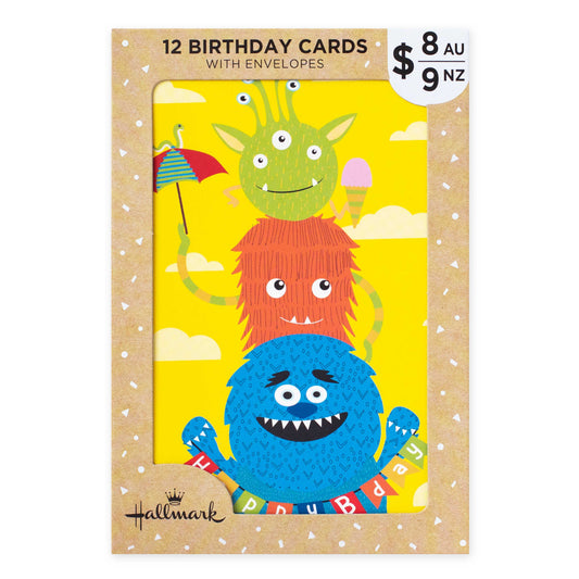 Hallmark Multipack of 12 Kids Birthday Cards - 2 designs, Fun Colourful Monsters!