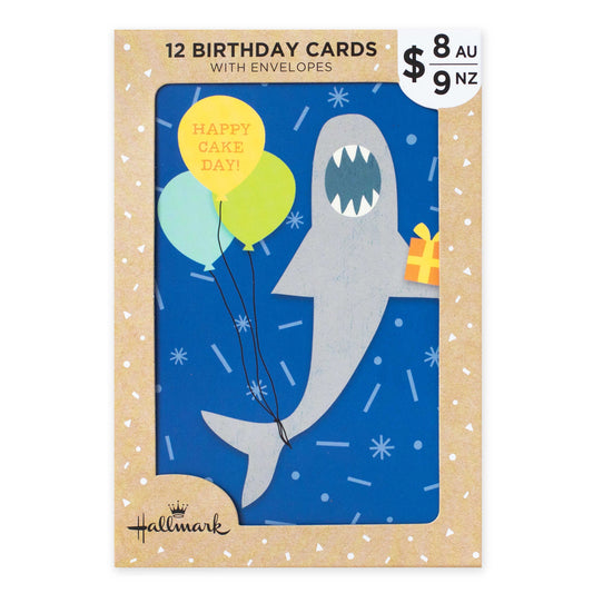 Hallmark Multipack of 12 Kids Birthday Cards - 2 designs, Birthday Shark and Birthday Dinosaur