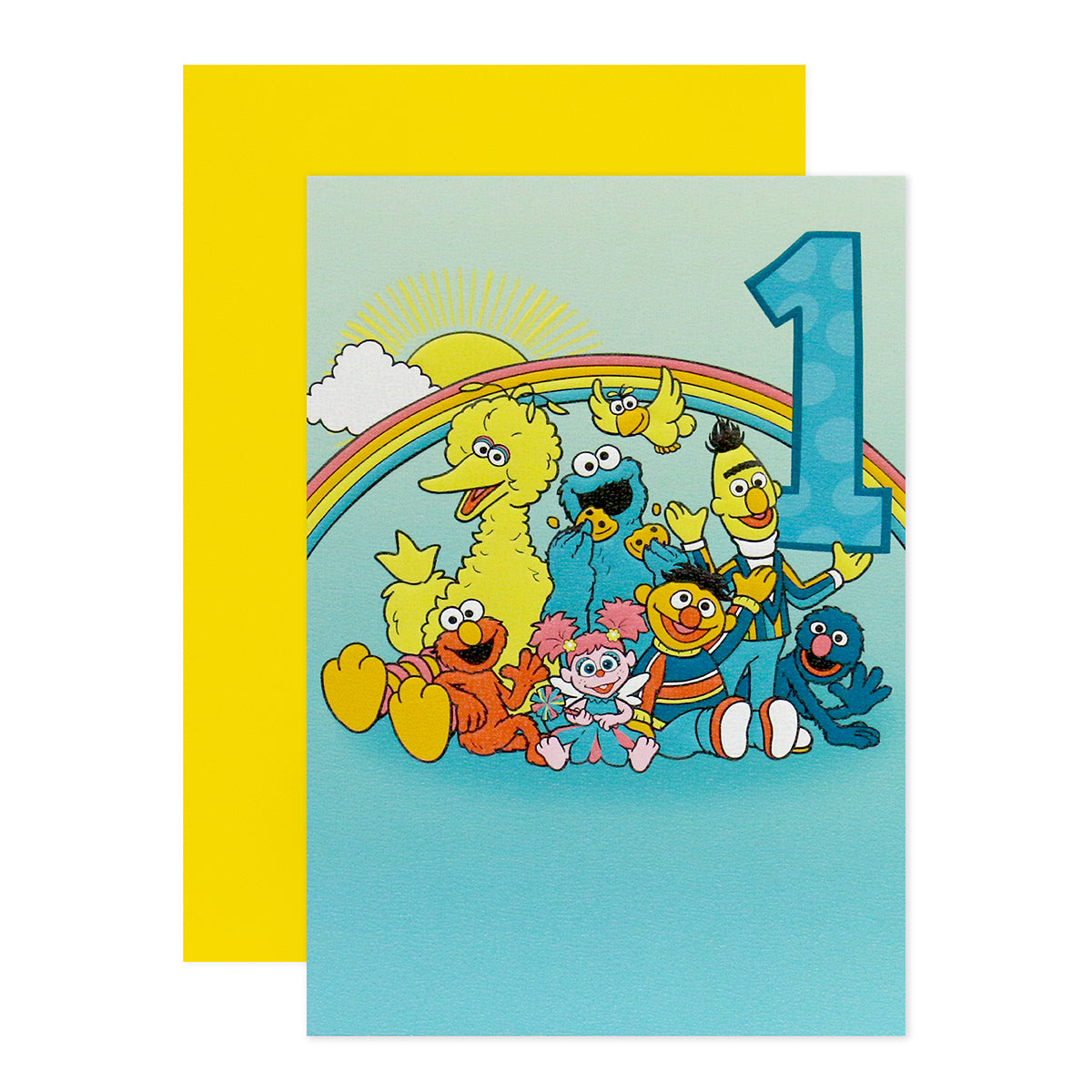 Connections from Hallmark 1st Birthday Card - Sesame Street featuring iconic characters and number 1 design with a yellow envelope.