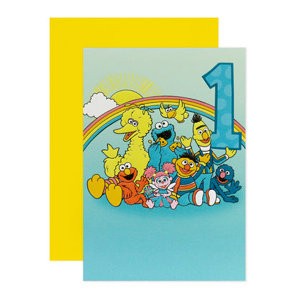 Connections from Hallmark 1st Birthday Card - Sesame Street featuring iconic characters and number 1 design with a yellow envelope.
