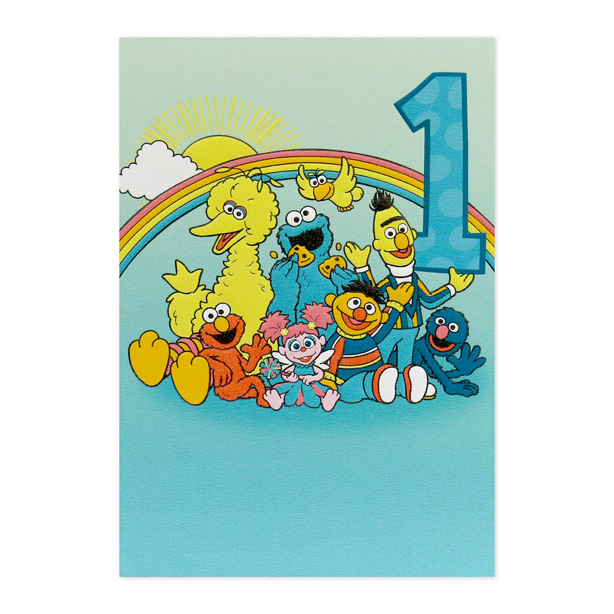 Connections from Hallmark 1st Birthday Card - Sesame Street featuring vibrant characters with number 1, flat lay on blue background.