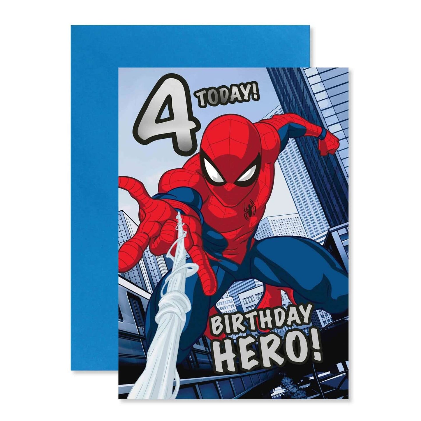 Connections from Hallmark Age 4 Birthday Card - Marvel Spiderman features Spiderman in action against a city backdrop.