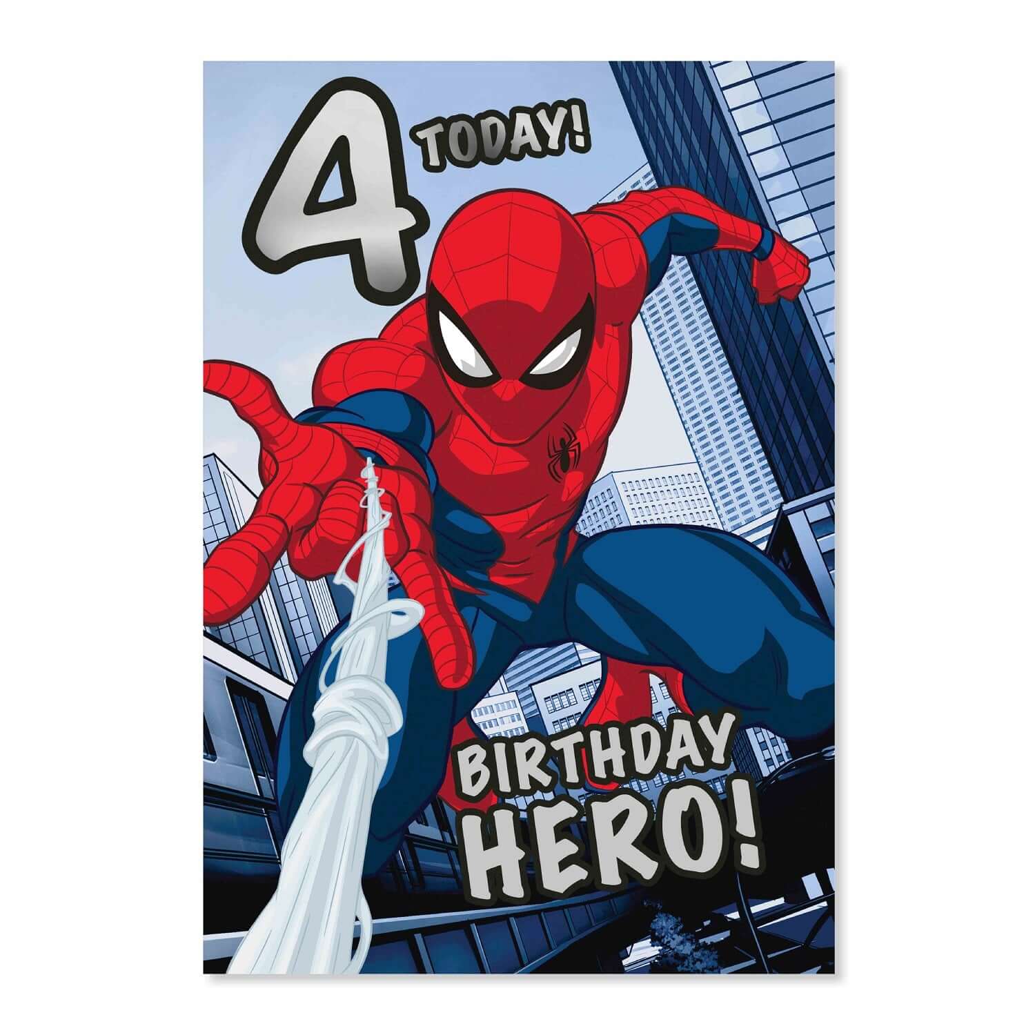Connections from Hallmark Age 4 Birthday Card - Marvel Spiderman featuring Spiderman design with foil text, vibrant colours and urban backdrop.