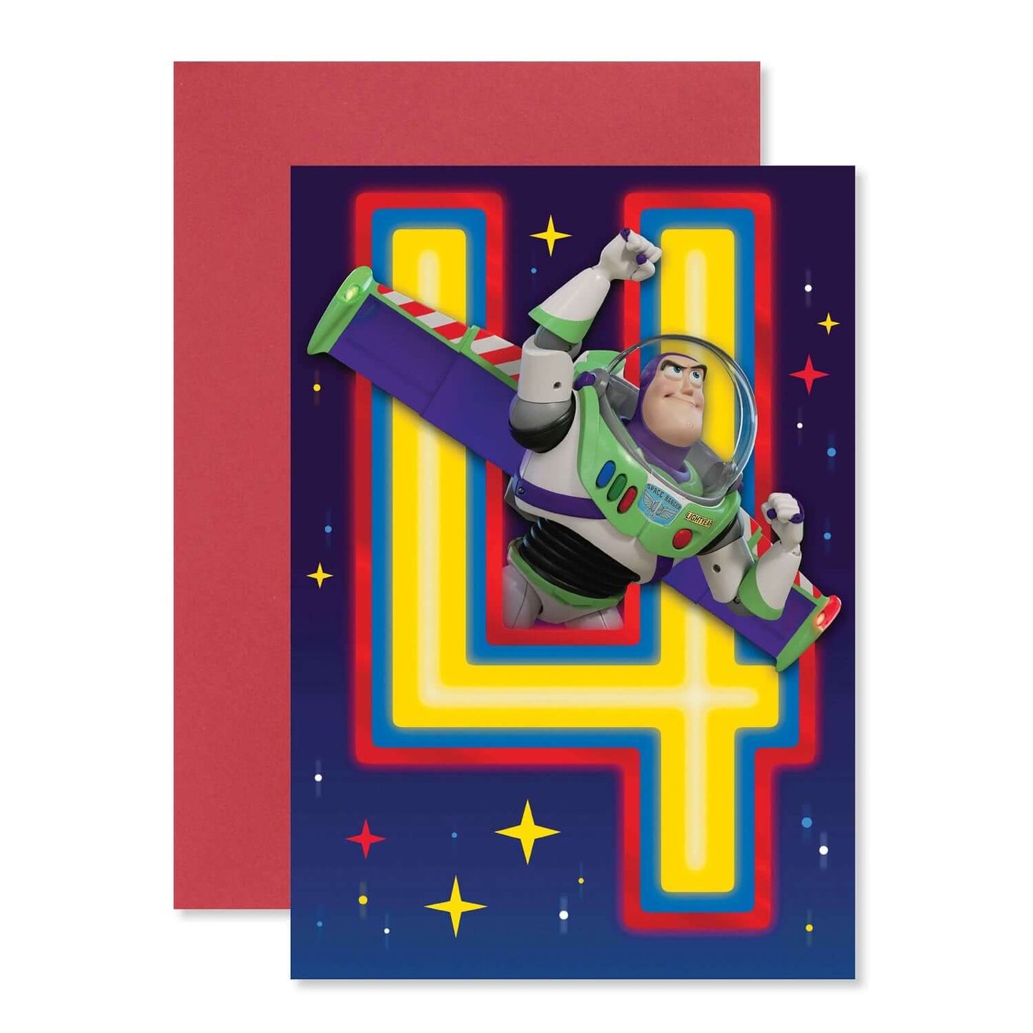 Connections from Hallmark Age 4 Birthday Card - Toy Story Buzz Lightyear, vibrant design featuring Buzz, red foil detailing, and bright number 4