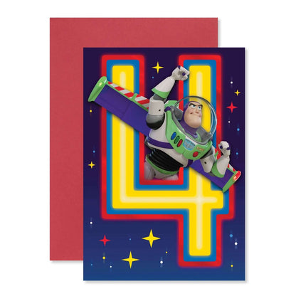 Connections from Hallmark Age 4 Birthday Card - Toy Story Buzz Lightyear, vibrant design featuring Buzz, red foil detailing, and bright number 4