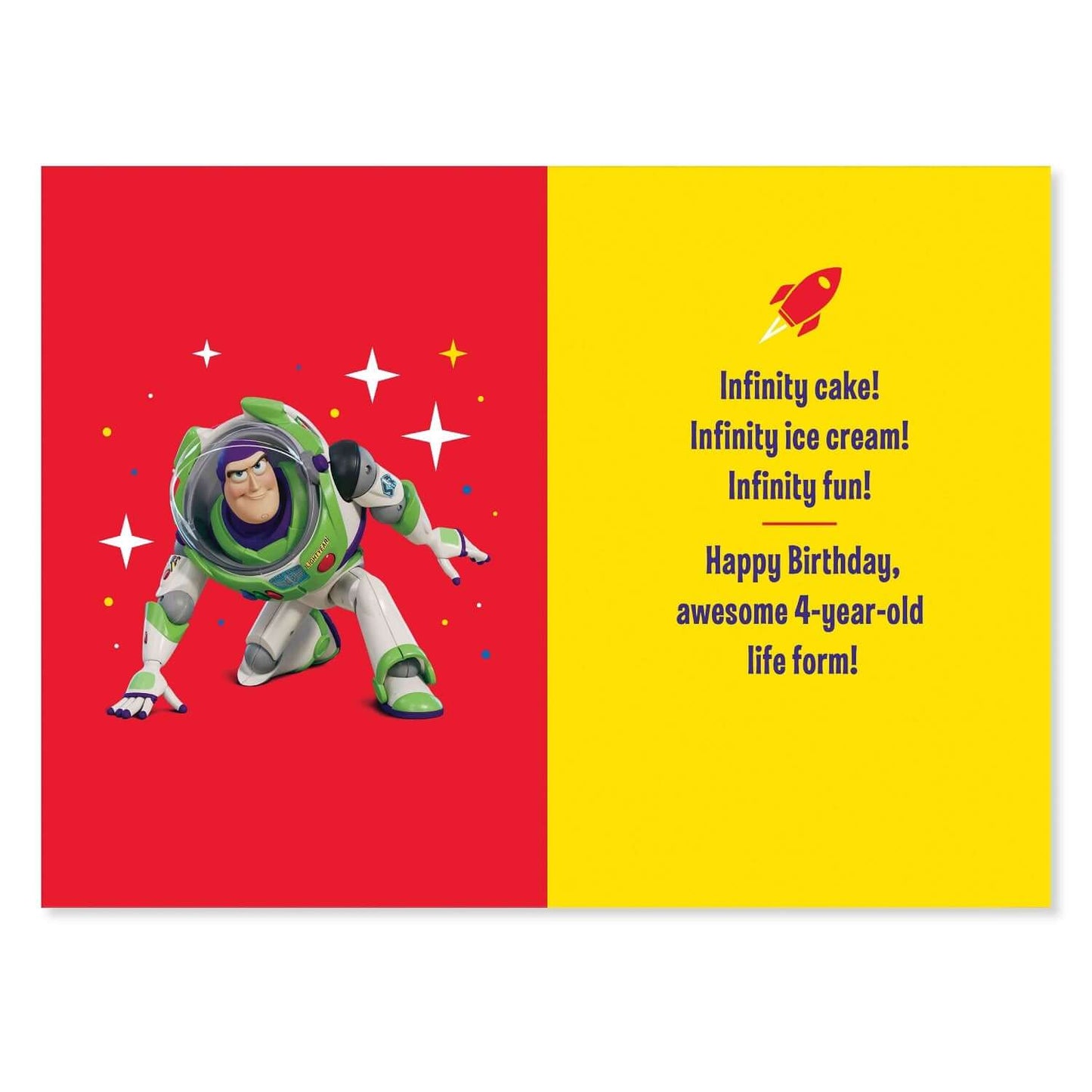 Connections from Hallmark Age 4 Birthday Card - Toy Story Buzz Lightyear, featuring Buzz on a red background with birthday message, flat lay