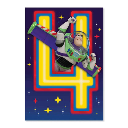 Connections from Hallmark Age 4 Birthday Card - Toy Story Buzz Lightyear featuring Buzz Lightyear flying with the number 4 in bright colours.