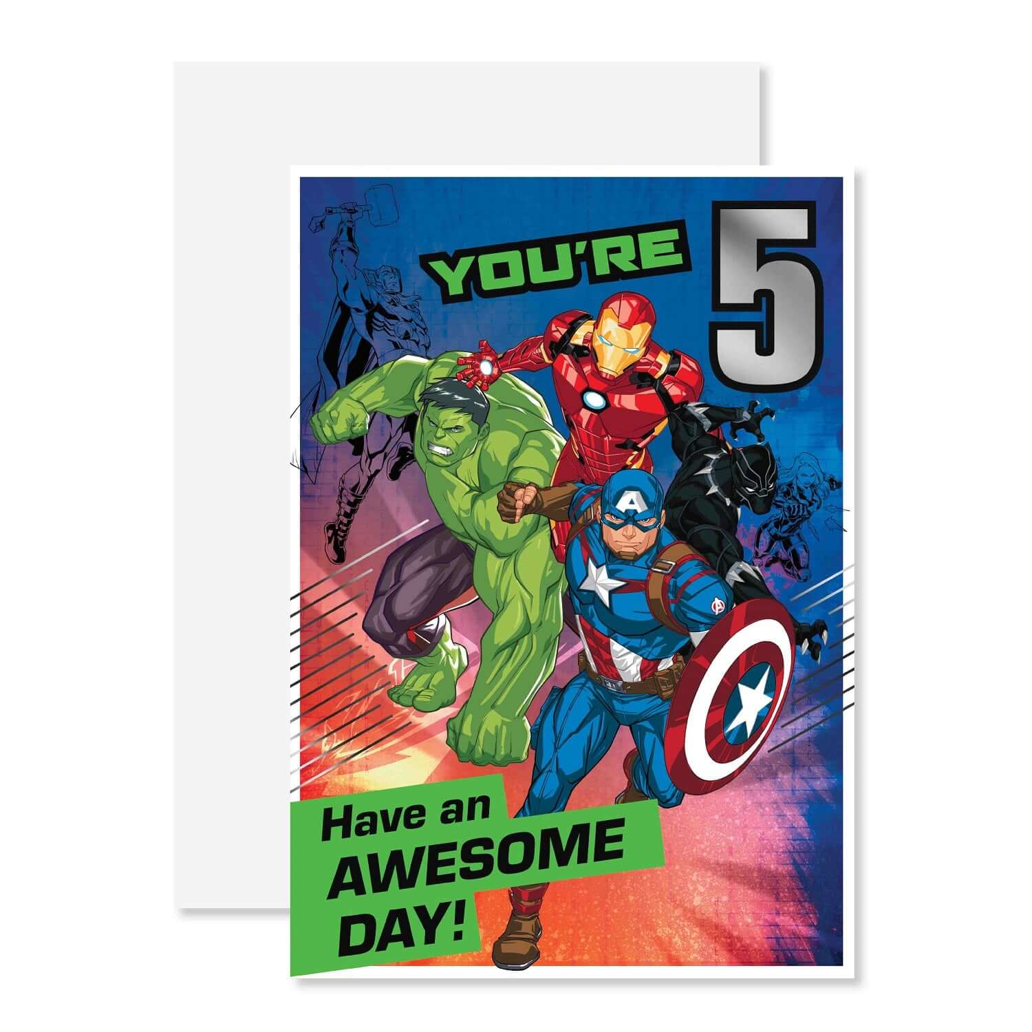 Connections from Hallmark Age 5 Birthday Card - Marvel Avengersa featuring Hulk, Iron Man, and Captain America in vibrant colours and foil accents.