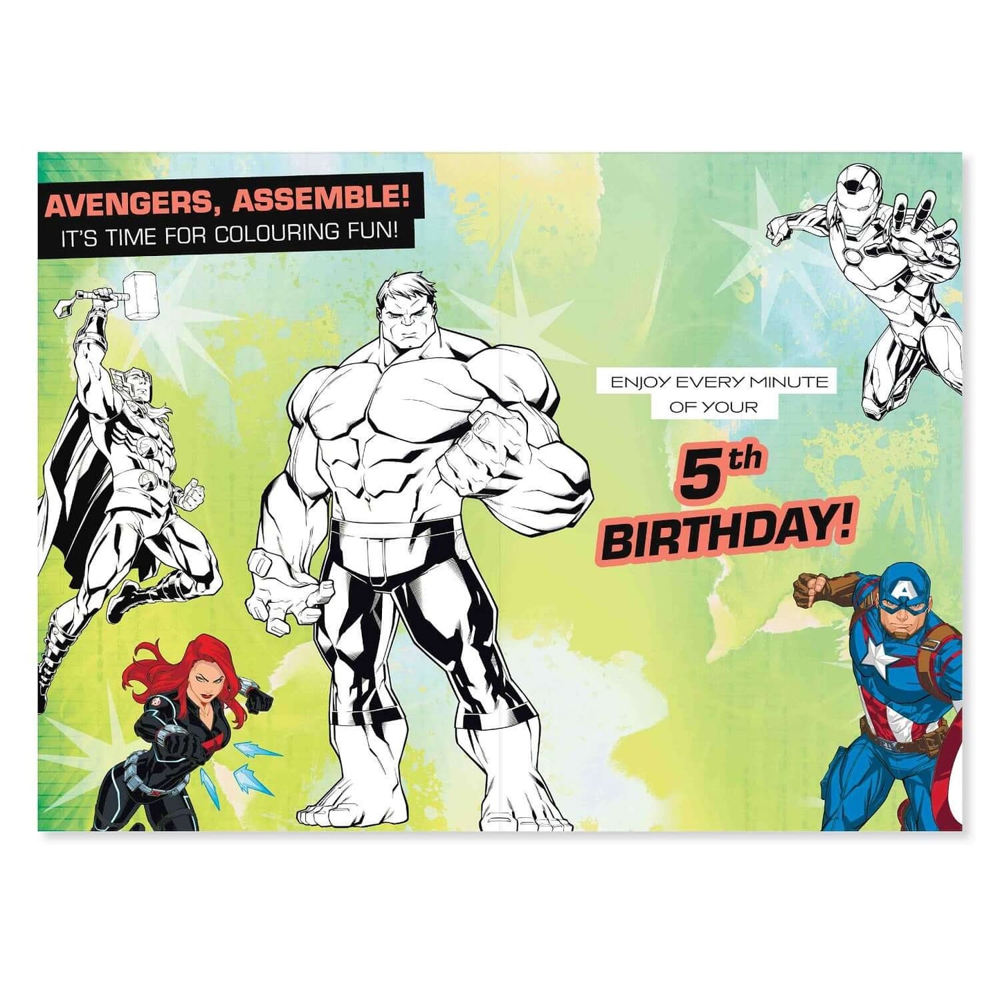 Connections from Hallmark Age 5 Birthday Card - Marvel Avengersa featuring superheroes, bright colours, and birthday message, flat lay view.