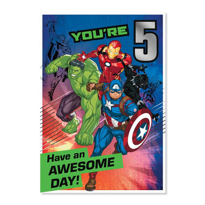 Connections from Hallmark Age 5 Birthday Card - Marvel Avengersa featuring Hulk, Iron Man and Captain America in vibrant colours and foil accents.