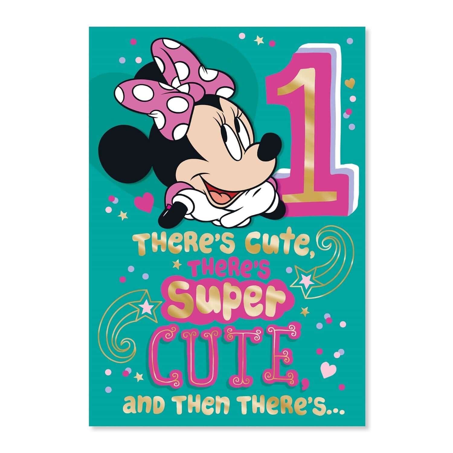 Connections from Hallmark Age 1 Birthday Card - Disney Minnie Mouse with gold foil text and vibrant imagery on a teal background.
