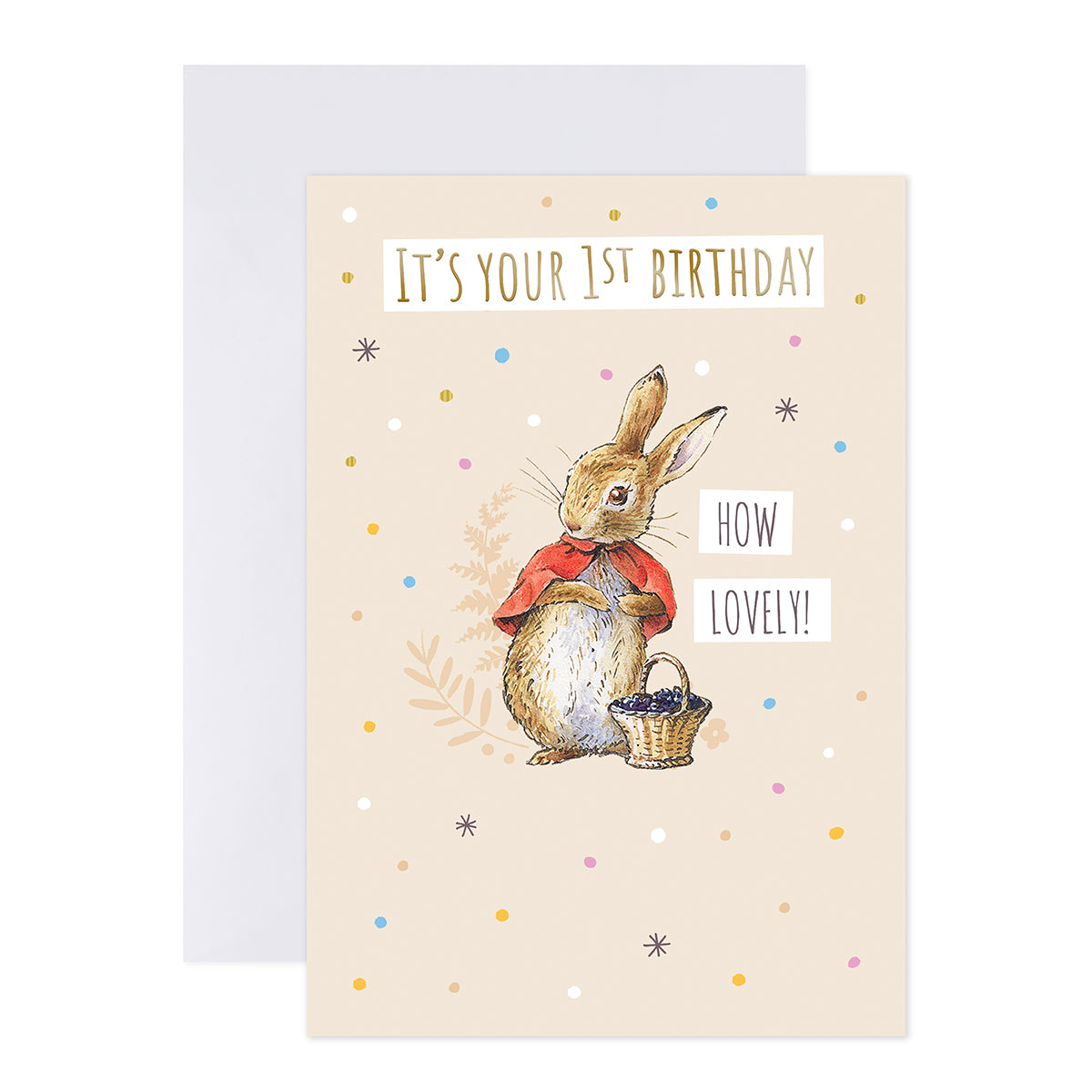 Connections from Hallmark 1st Birthday Card - Peter Rabbit How Lovely featuring Flopsy in a red cape, surrounded by colourful confetti and a white envelope.